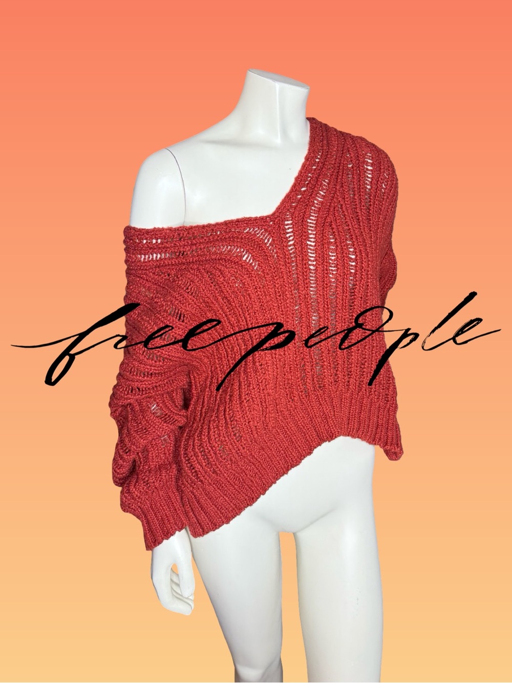 Free People Burnt Orange Off-Shoulder Open-Knit Sweater